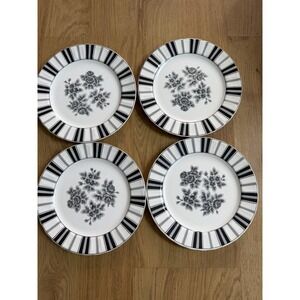 Lot of 4 Waverly Garden Room Black Floral & Vine 8" Salad Plates Scalloped